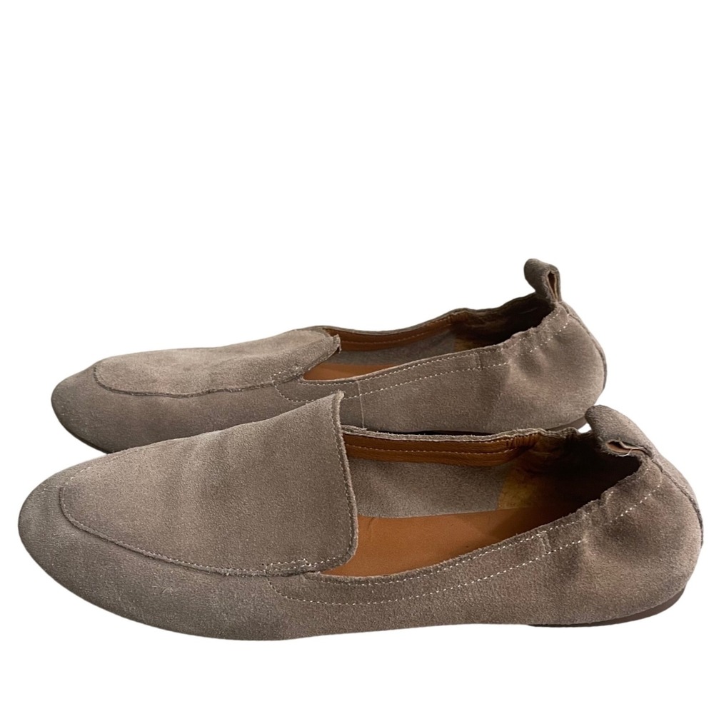 Lucky Brand Women Taupe Suede Flat Loafers Size 9M Elastic Heel Slip On Shoes